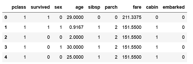 Dataframe showing the first five rows of the titanic dataset